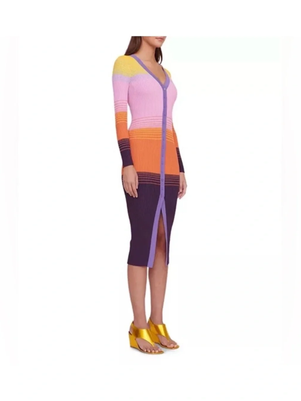STAUD Multicolor Ribbed Button-Front Cardigan in Pink, Orange, Purple, Yellow - Picture 2 of 5